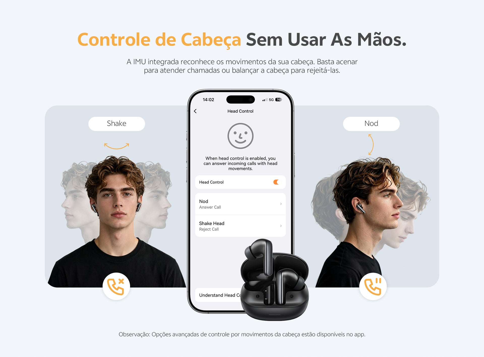 Controle de cabeça sem usar as mãos: atenda ou recuse chamadas com movimentos da cabeça. Tecnologia IMU integrada para uso pr