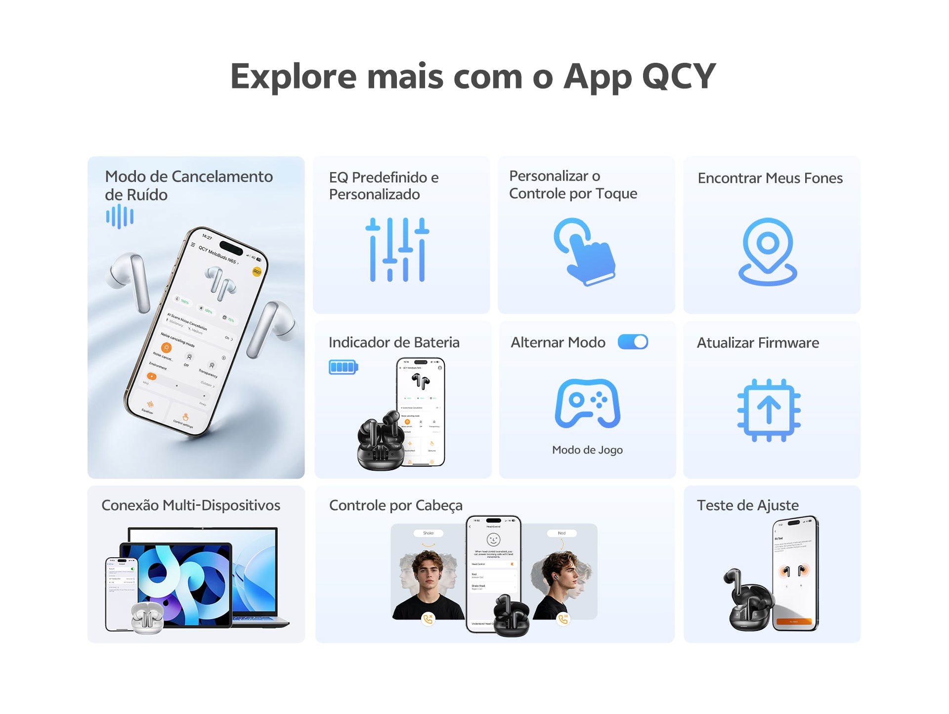 Explore funcionalidades avançadas com o App QCY: controle de ruído, equalizador, modo jogo, conexão multi-dispositivo e muito