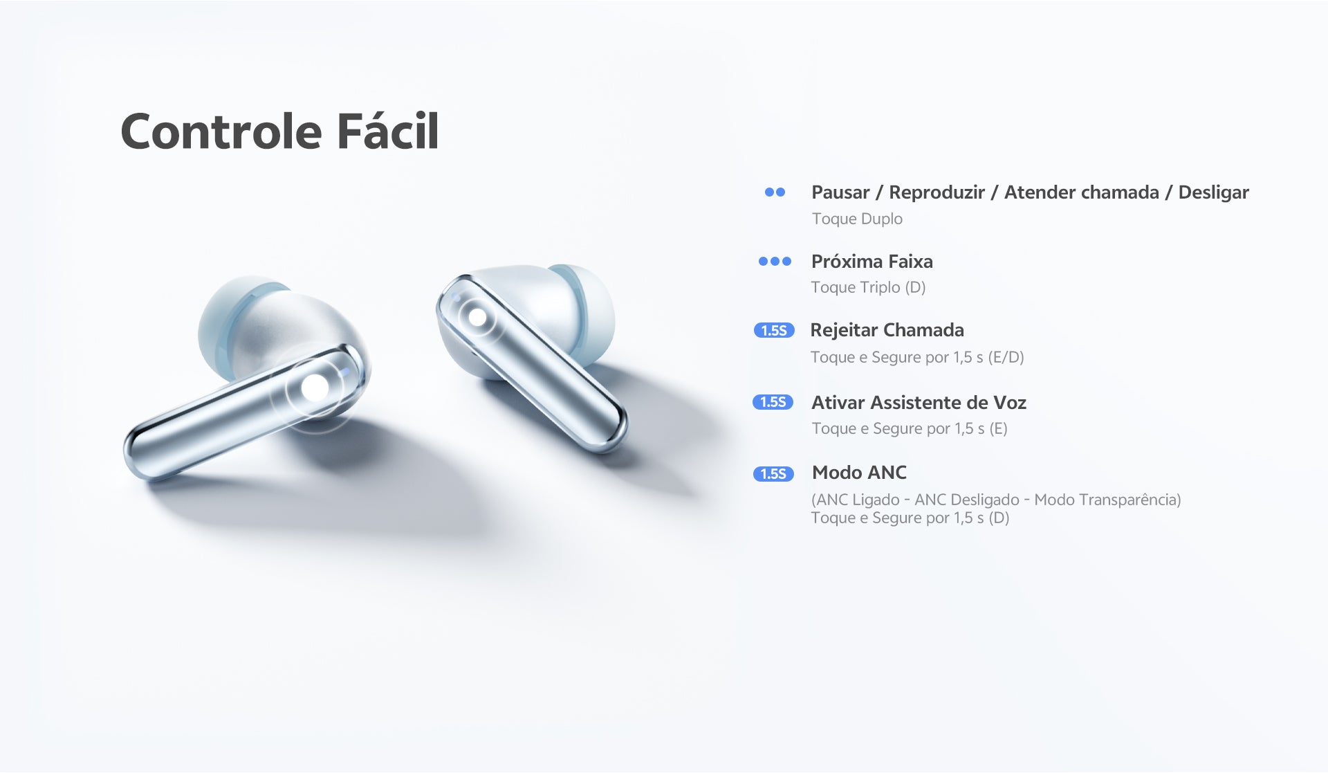 Fones de ouvido com controle fácil: toque para pausar, reproduzir, atender chamadas e alternar ANC. Design moderno e funciona