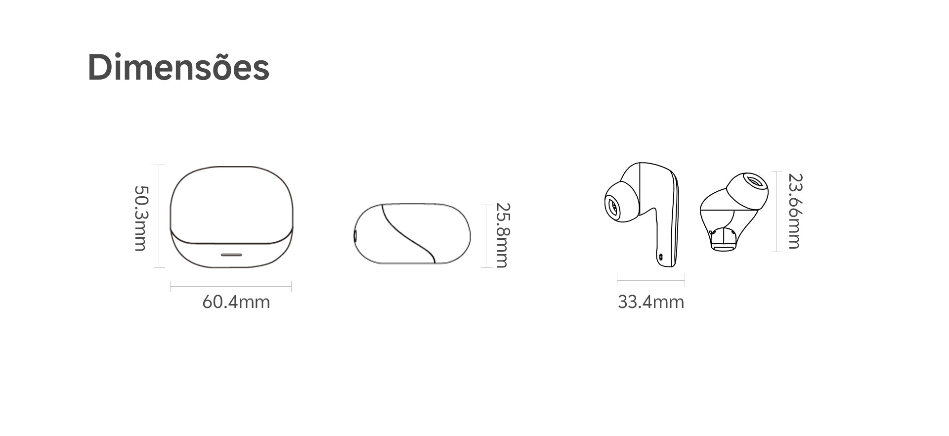 Fones de ouvido sem fio com estojo de carregamento: dimensões detalhadas em mm para melhor conforto e portabilidade.