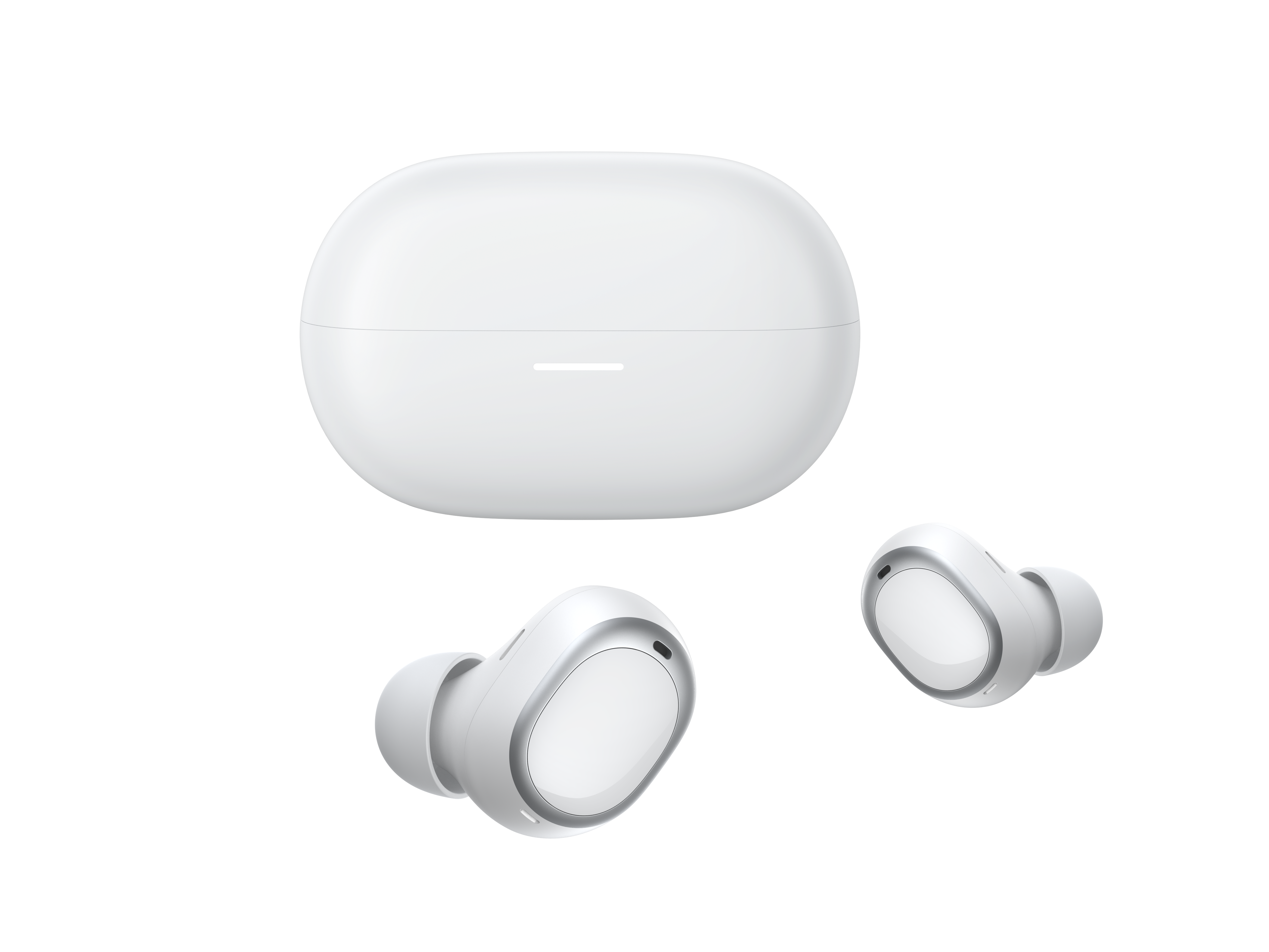 Fone de ouvido QCY MeloBuds A30 branco, com estojo de carregamento compacto e design moderno. Ideal para áudio claro e confor