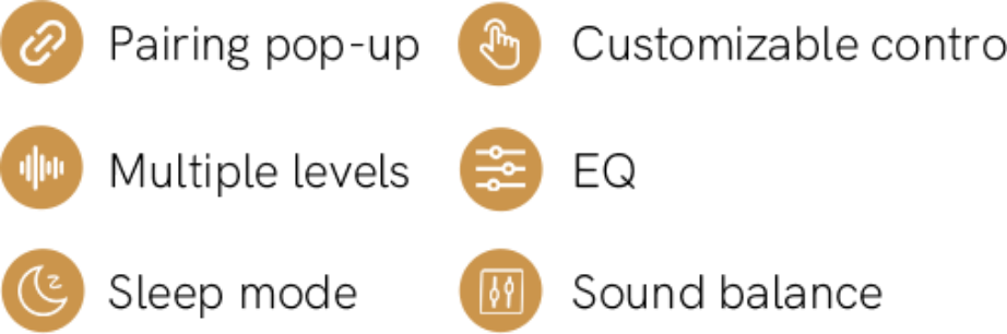 Recursos do fone: emparelhamento, controles personalizáveis, vários níveis, equalizador, modo sono e balanço de som.