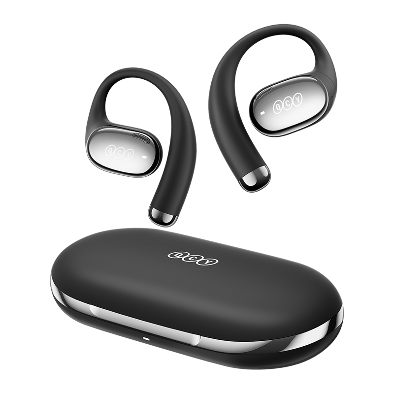 QCY Crossky R70 preto, ganchos auriculares abertos flutuando acima do estojo de carregamento fechado em vista frontal