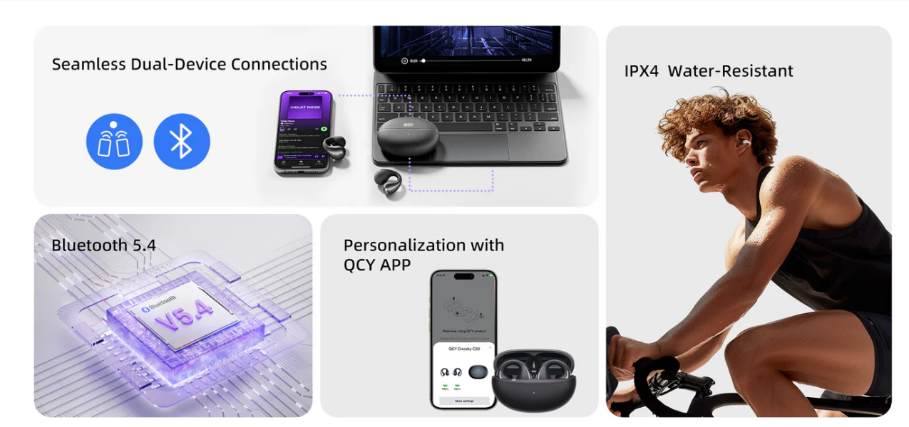 Fone QCY com Bluetooth 5.4, conexão dupla, app personalizado e resistência IPX4 à água para esportes.