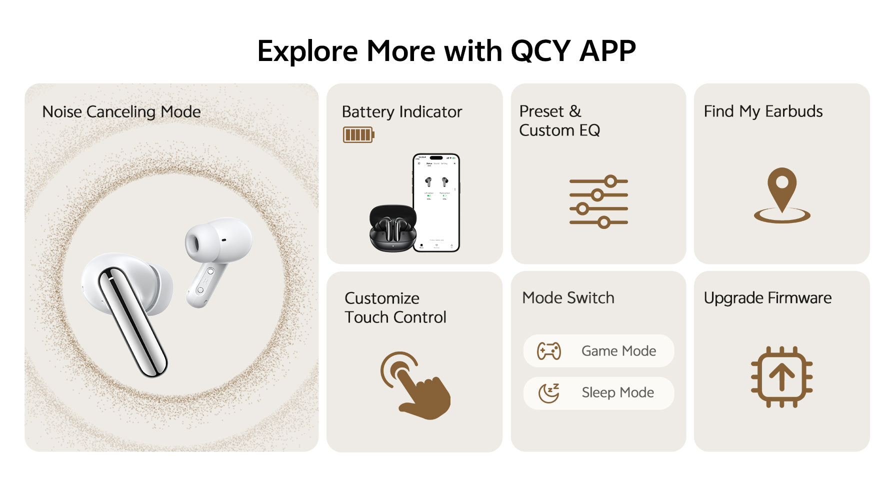 Explore mais com o QCY APP: cancelamento de ruído, bateria, EQ personalizado, localização, toque personalizável, modo jogo/sl