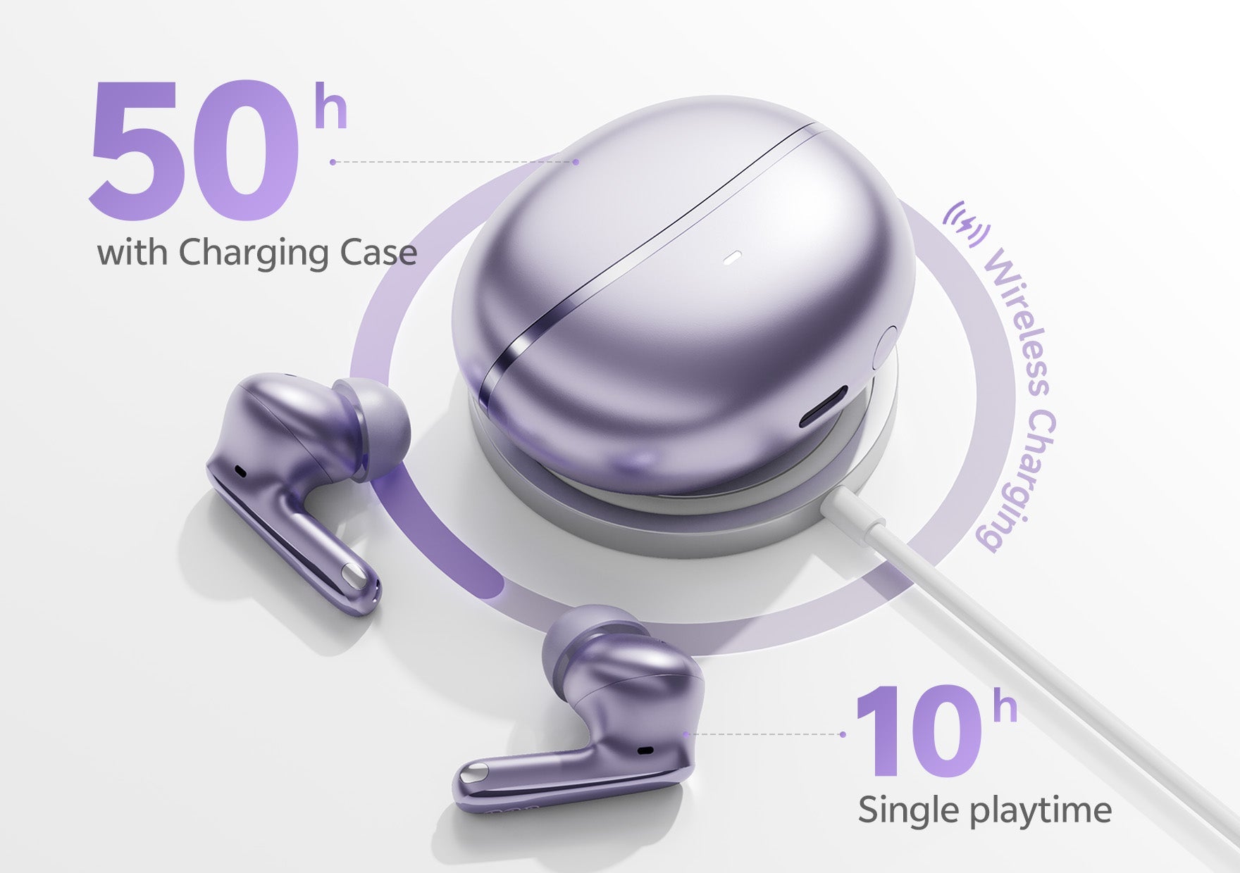 Fone de ouvido sem fio roxo com case de carregamento, 50h de bateria e carregamento wireless.