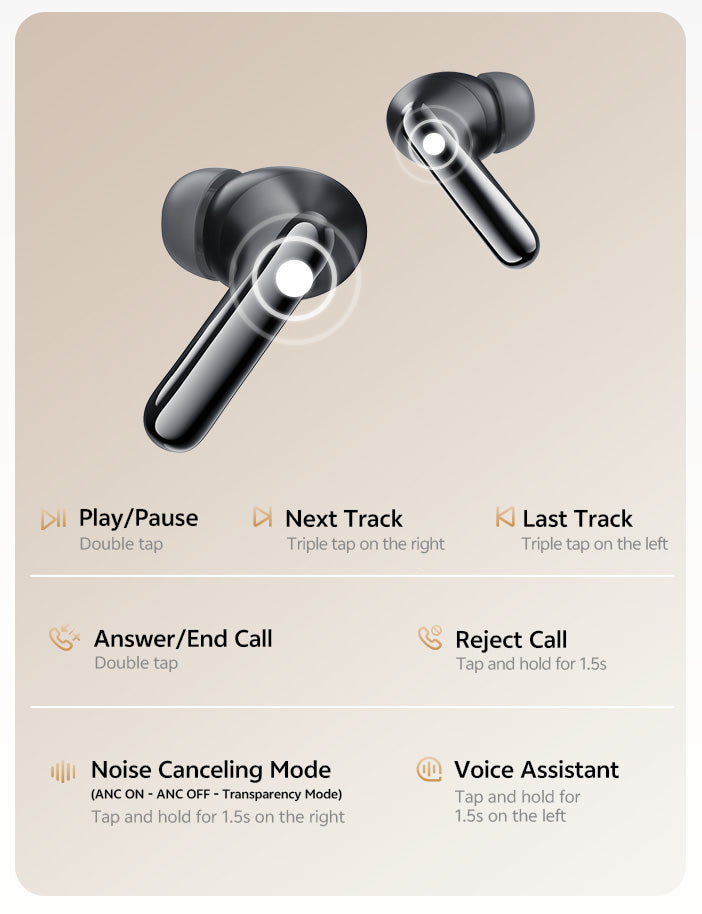 Fone de ouvido TWS com controle tátil: play/pause, next/last track, chamadas e cancelamento de ruído. Ideal para música e com