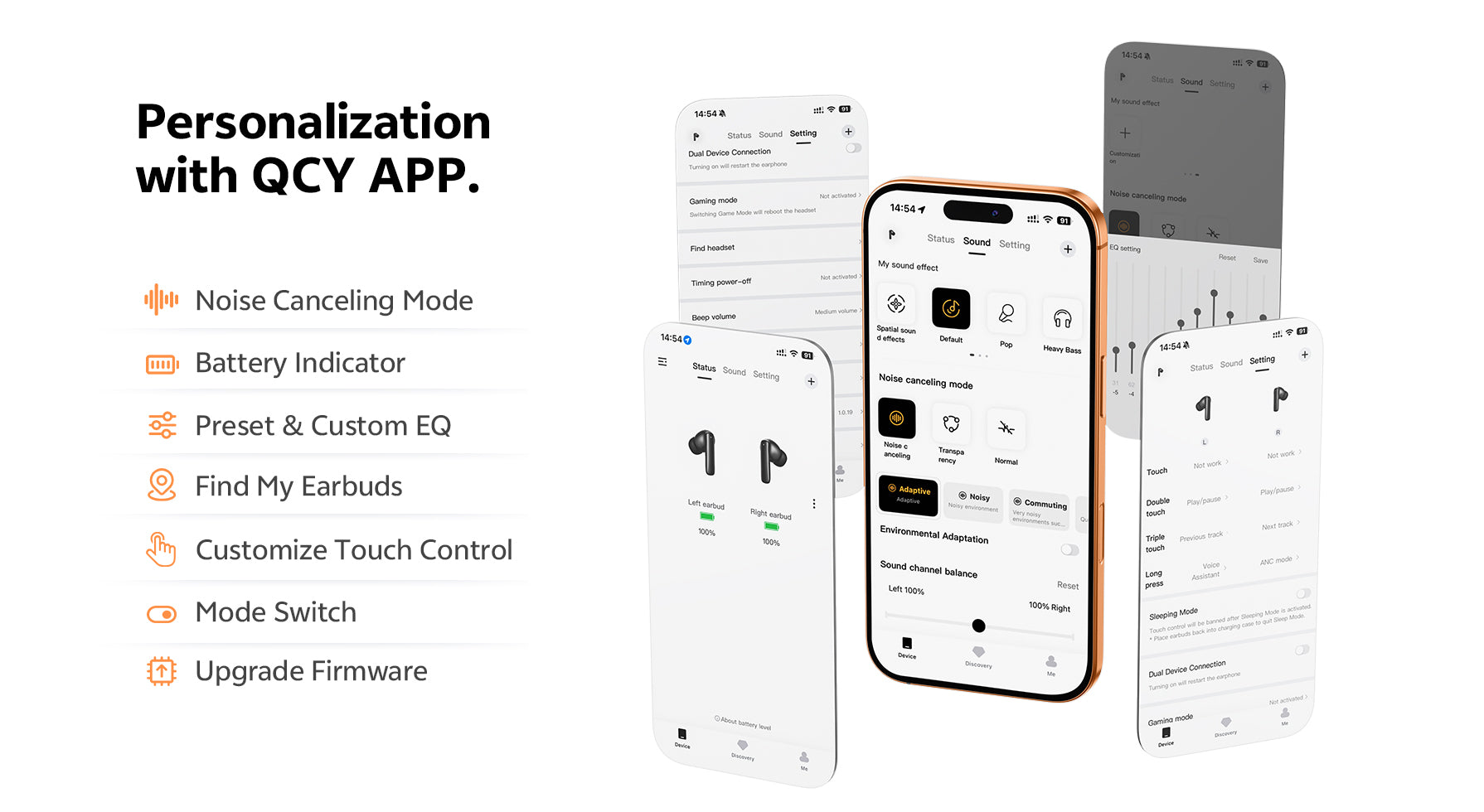 Personalize seus fones com o app QC Y: controle de ruído, equalizador, localização e muito mais. Tecnologia avançada para uma