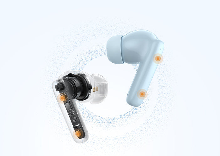 Fones de ouvido sem fio com design moderno e tecnologia avançada, destacando componentes internos e acabamento elegante em az